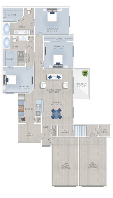 Floor plan for 3 beds, 2 baths, 1385 sqft